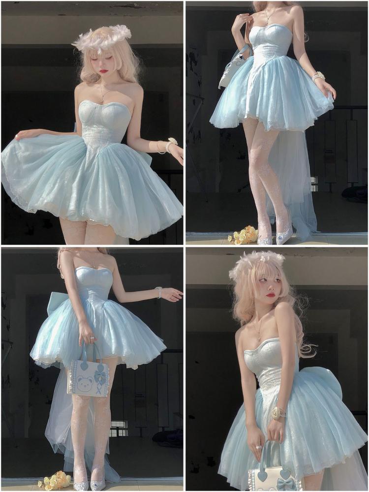 Baby Blue Balletcore Lace Bustier Dress+ Big Bow Train Set