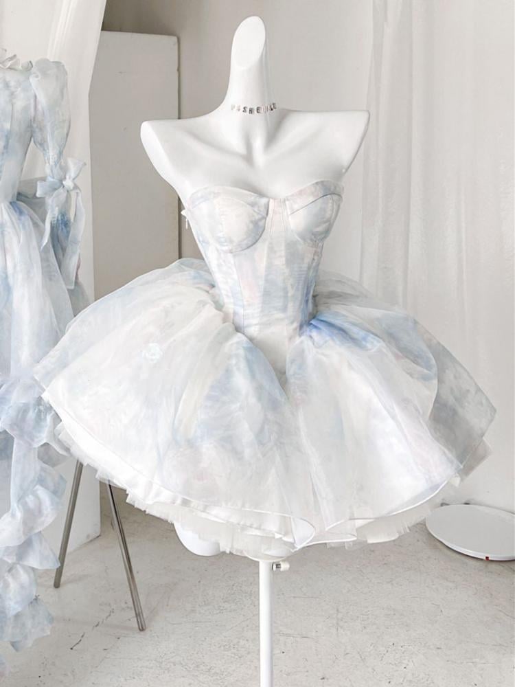 Blue and White Strapless Ballet Dress Flounce Hem Skirt