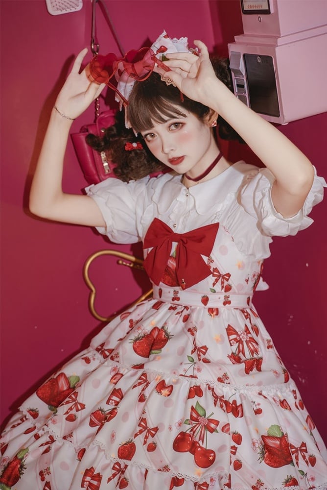 Cherry Berry Big Bow High Waist Jumper Skirt