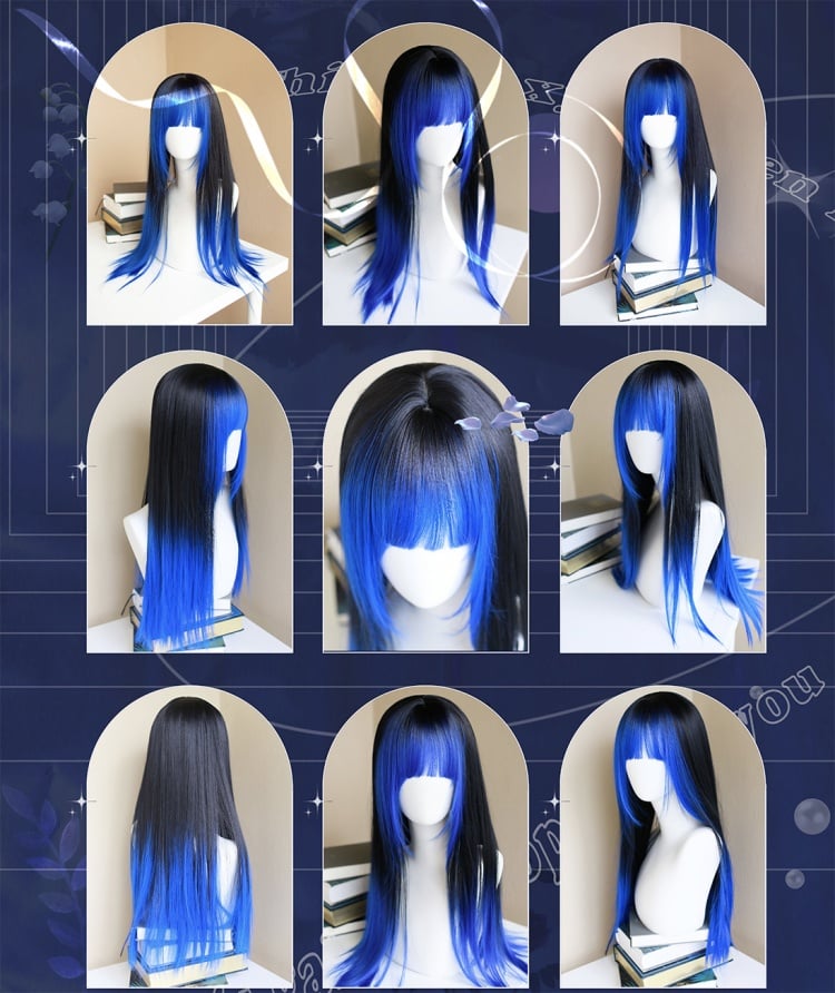 Blue and Black Ombre Hair Color Long Straight Synthetic Wig