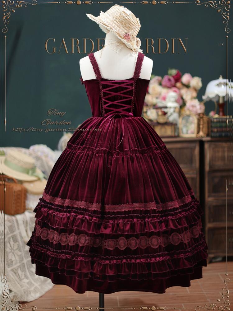 Dream Bouquet Color Wine Red Velvet Long Version Lace Ruffle Neckline Ruffle Hem Jumper Skirt