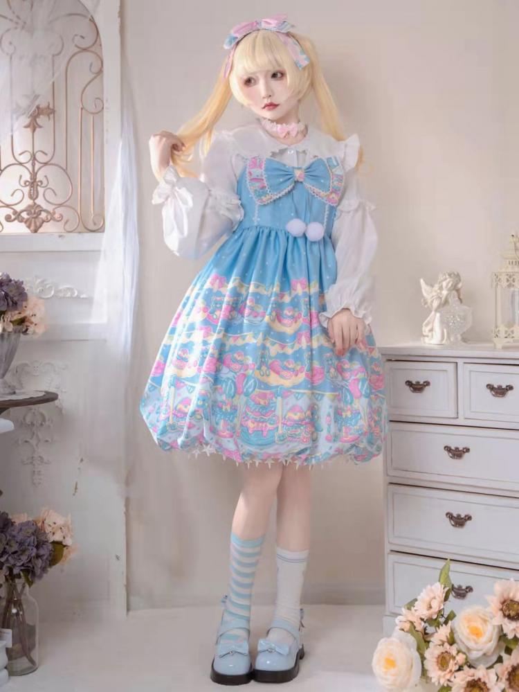 Bear and Dessert Print Stars Tassel Hem Bubble Skirt Lolita JSK