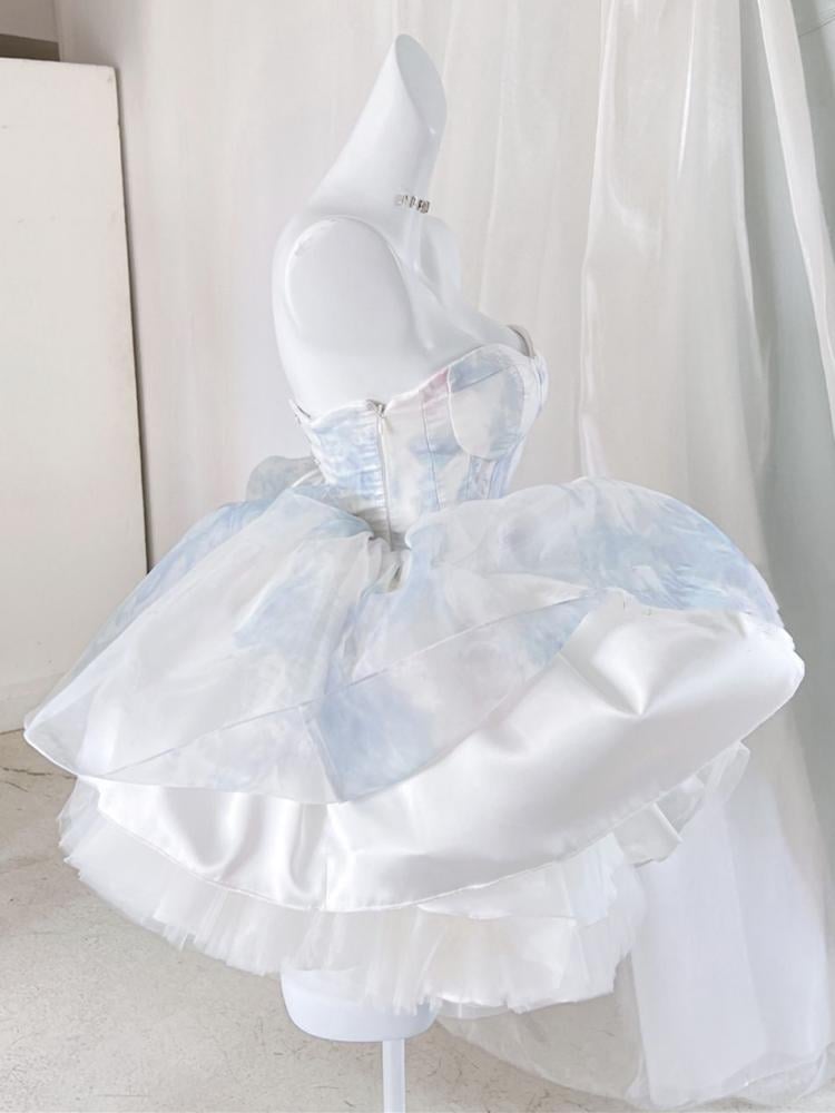 Blue and White Strapless Ballet Dress Flounce Hem Skirt