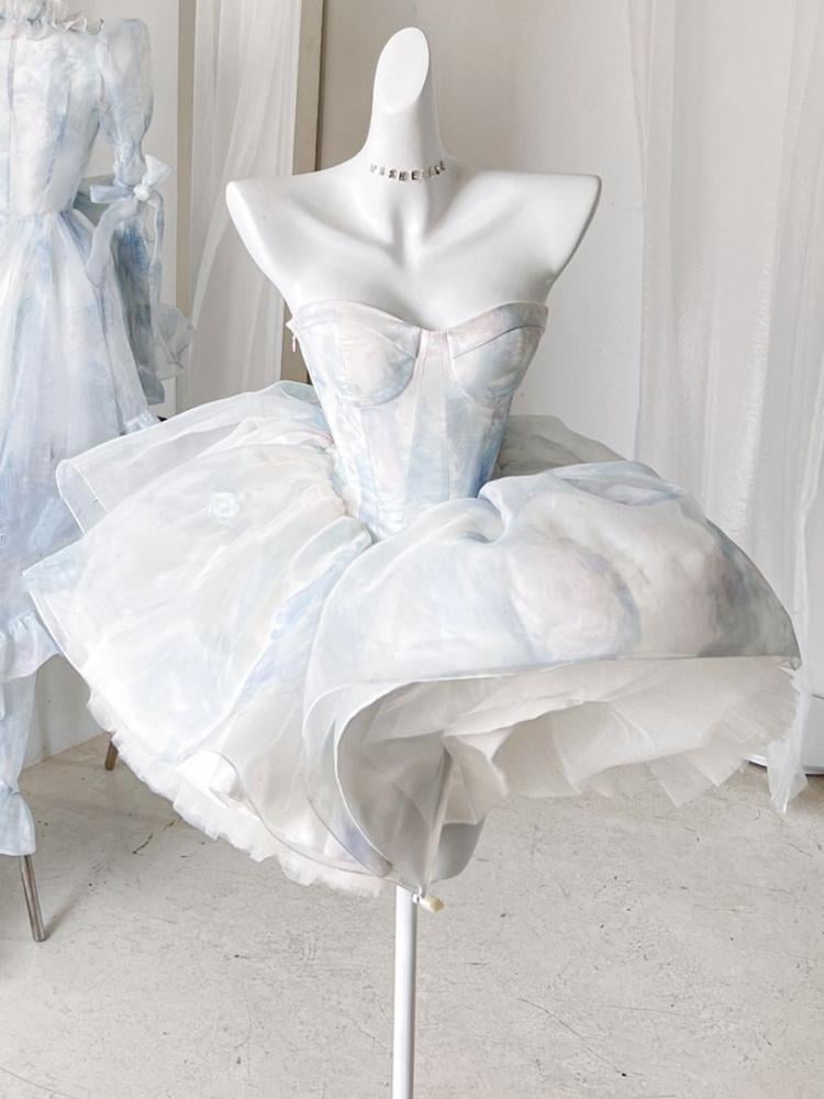 Blue and White Strapless Ballet Dress Flounce Hem Skirt