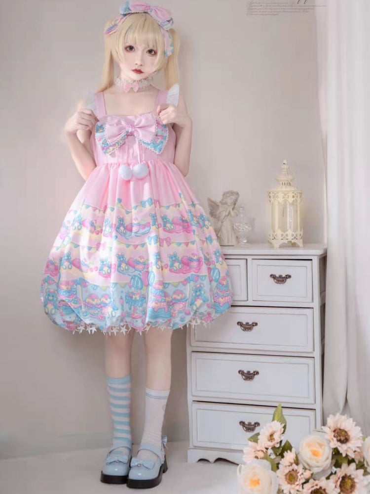 Bear and Dessert Print Stars Tassel Hem Bubble Skirt Lolita JSK