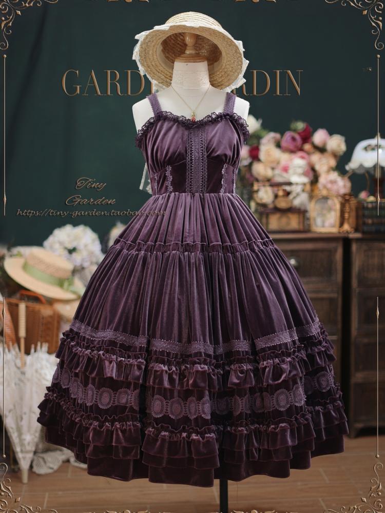 Dream Bouquet Color Purple Velvet Long Version Lace Ruffle Neckline Ruffle Hem Jumper Skirt