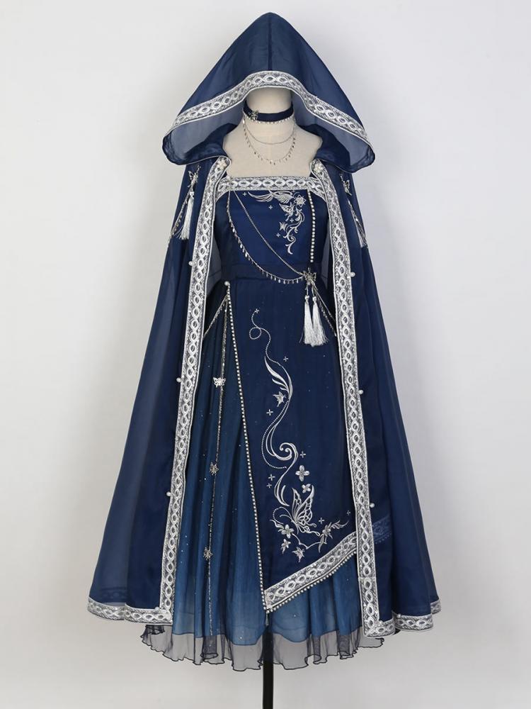 Dreamy Starry Night Dark Blue Butterfly Embroidery Long Dress + Cloak Set with Chains