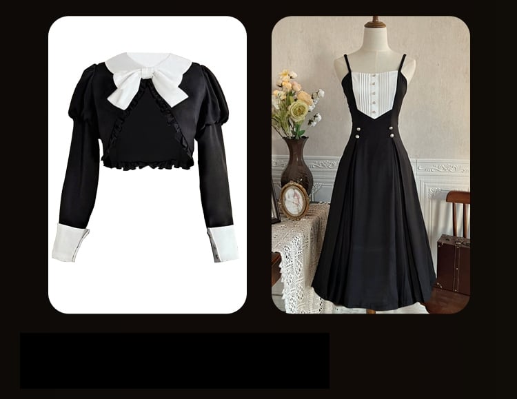 Black and White Thin Shoulder Straps Jumper Skirt + Long Sleeves Top Set