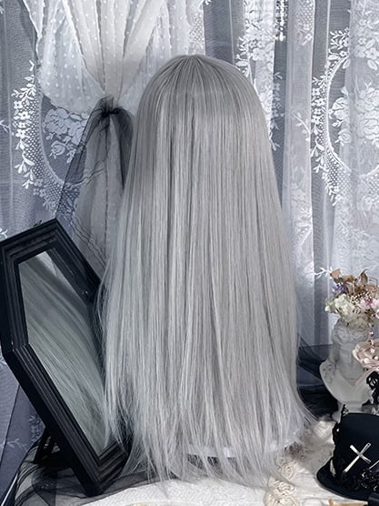 Gray Long Straight Synthetic Wig with Air Bangs