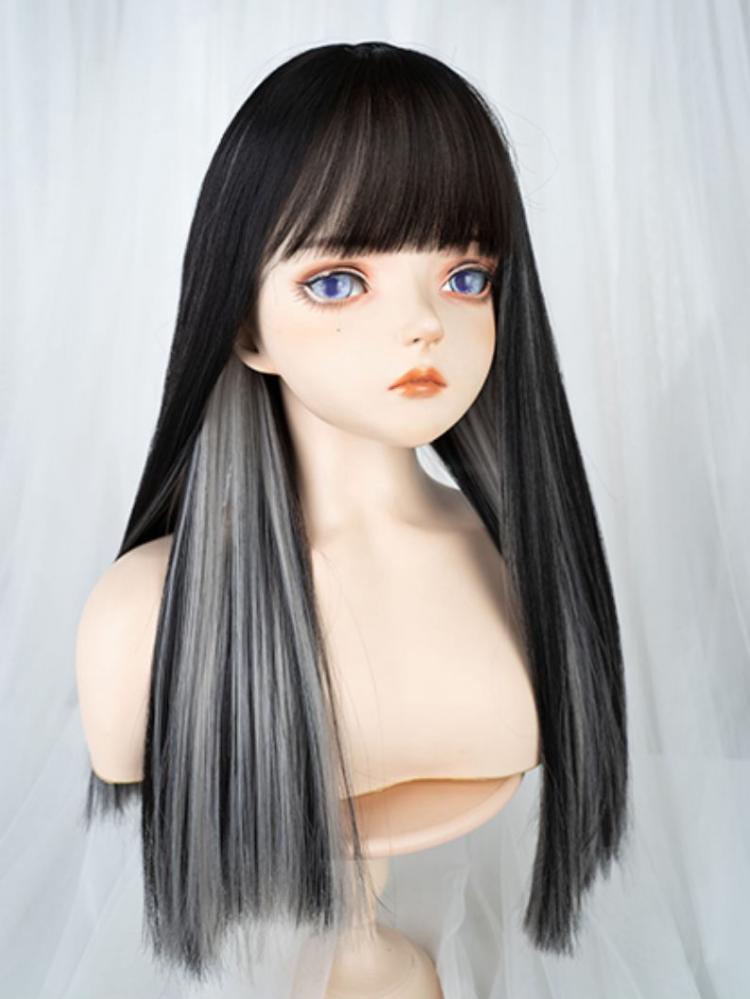 Grey Highlight Hair Color Black Medium Length Synthetic Straight Wig with Full Bangs