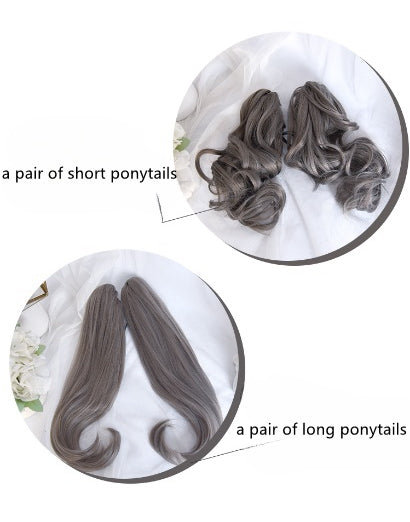 4 Options Flax Gray Short Wig with Removable Ponytails Wig