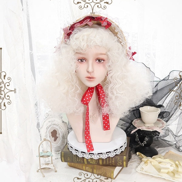 White Mid Length Wool Curly Wig