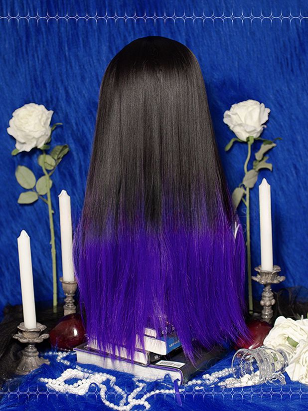 Black and Purple Ombre Hair Color Long Straight Synthetic Wig Halloween Witch Wig