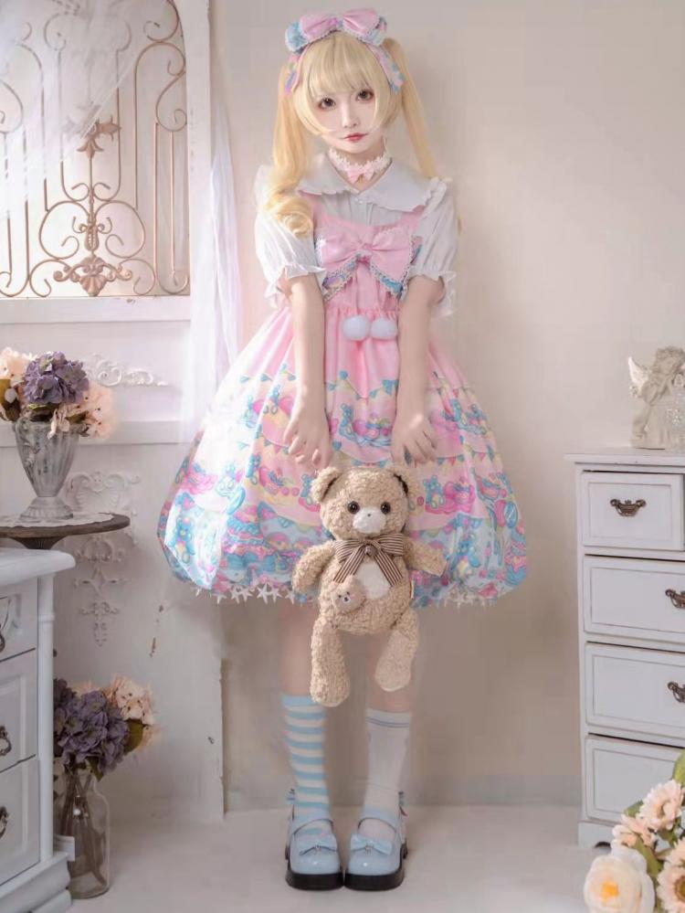 Bear and Dessert Print Stars Tassel Hem Bubble Skirt Lolita JSK