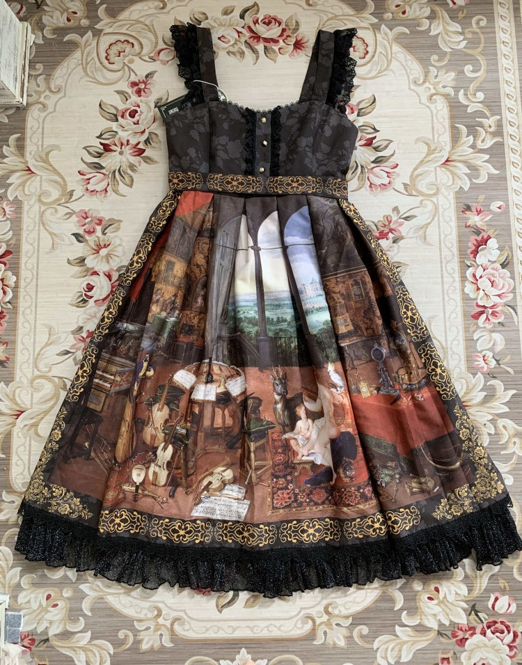 Fable Romance Ode Black Sweetheart Neckline Oil Painting Print Lolita JSK