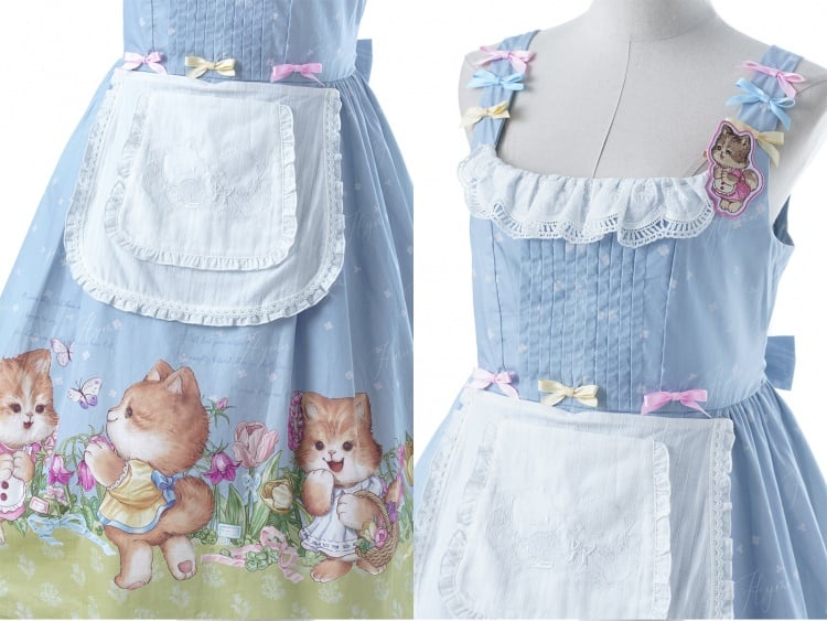 Blue Cat Print Lace Trim Bowknot Details Jumper Skirt