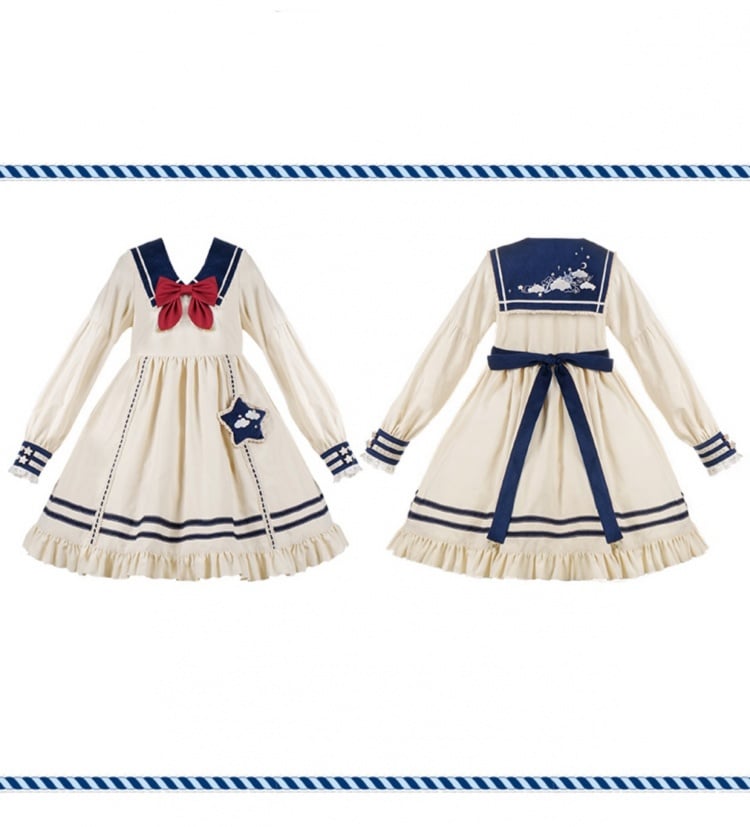 Cloud Embroidery Sailor Collar Dress Beige and Dark Blue One Piece