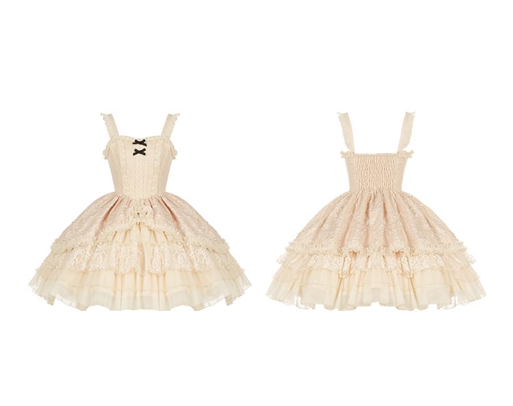 Beige Basque Waist Jumper Skirt Tiered Lace Ruffles Dress