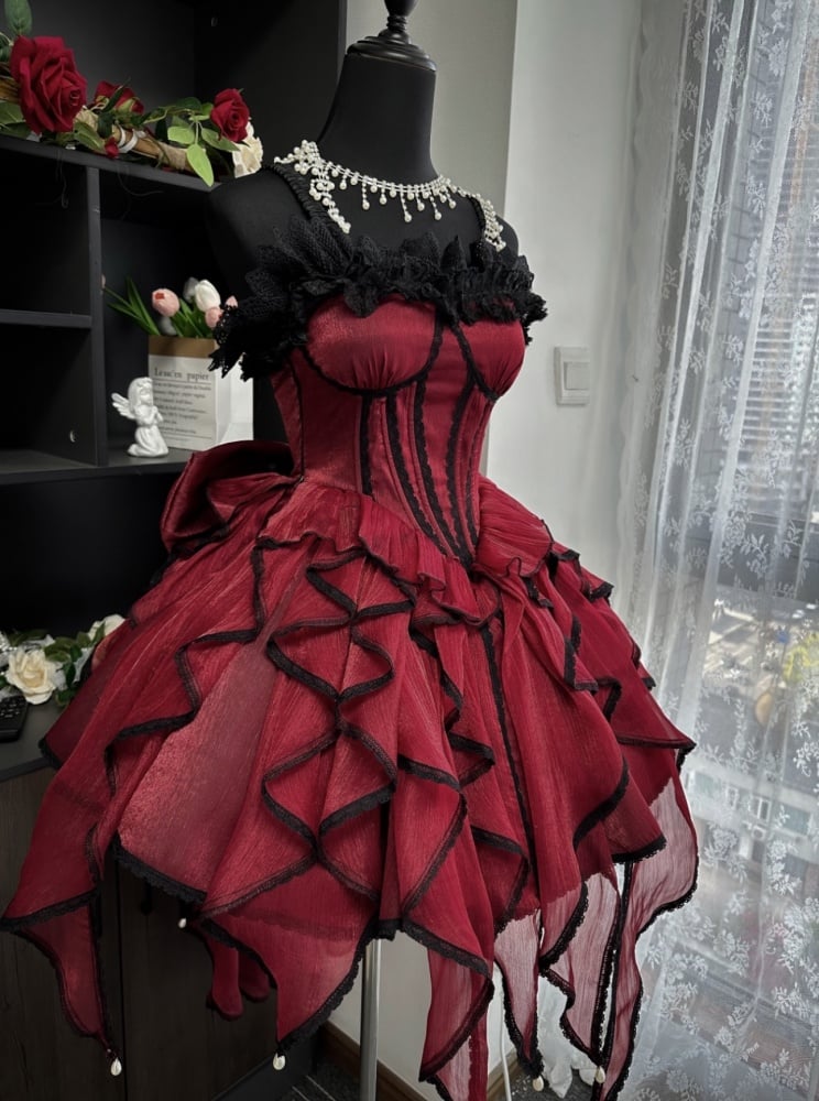 Dark Red Basque Waist Balletcore Corset Jumper Skirt Princess Dress with Sleeves and Bow Train