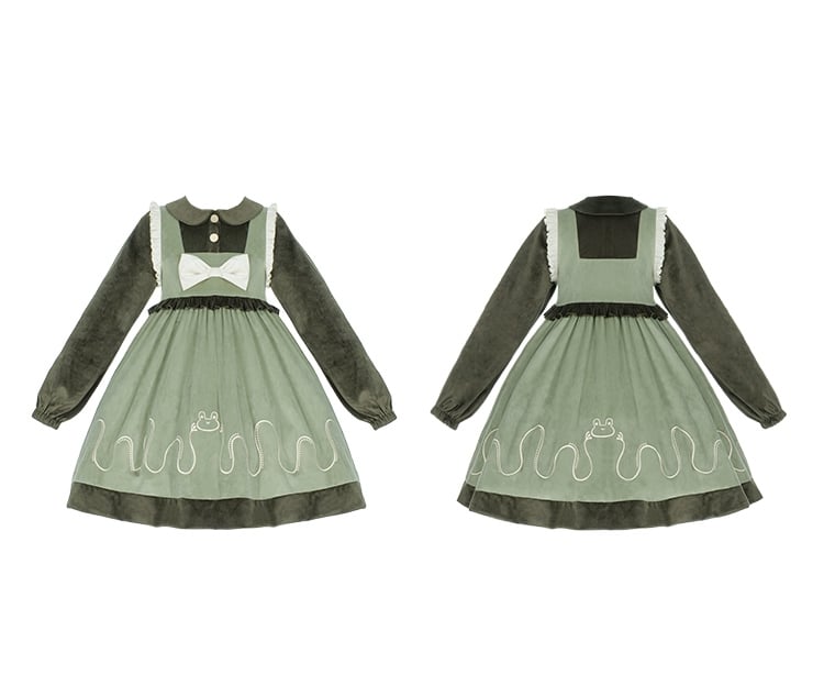 Clearance-Size S for Bust 90cm Green Jumping Frog Embroidery Dress Peter Pan Collar Fake-two Pieces Design - Sukuroi