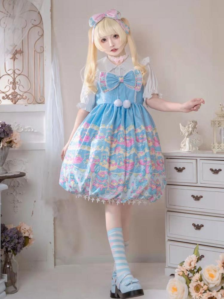 Bear and Dessert Print Stars Tassel Hem Bubble Skirt Lolita JSK