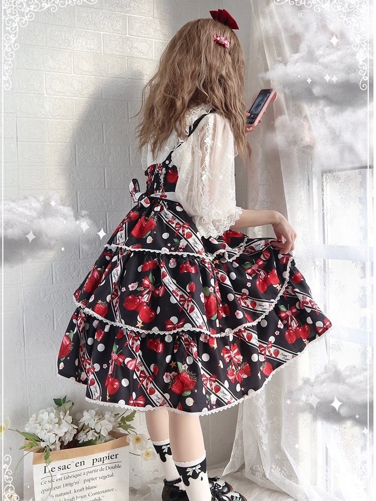 Cherry Berry Big Bow High Waist Jumper Skirt