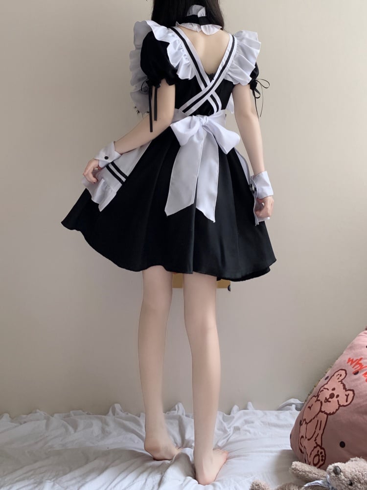 Black and White Puff Sleeves Maid Dress Full Set