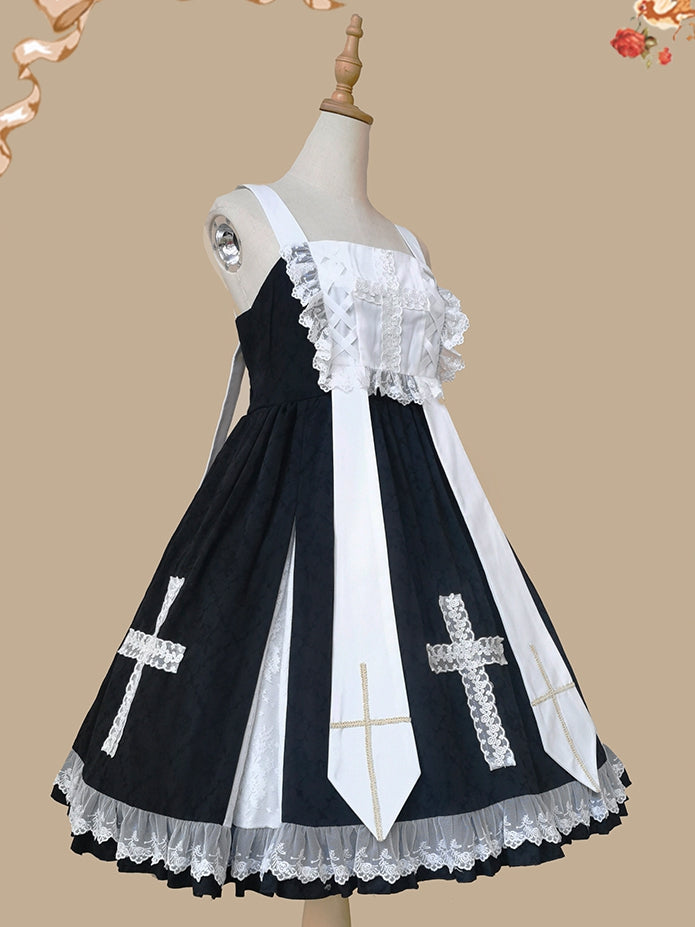 Breath of Heaven Color Black and White Jacquard Lace Cross Pattern Jumper Skirt