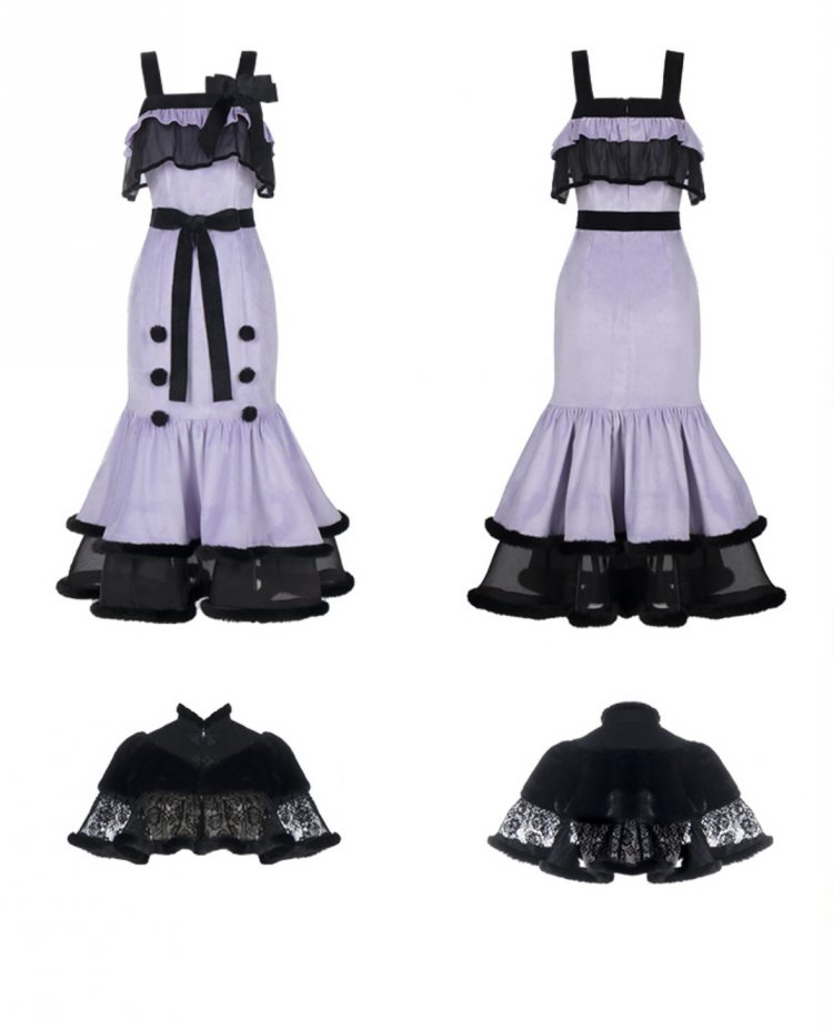 Flower Vine Black and Purple Mermaid Skirt Lolita JSK+Shawl Set