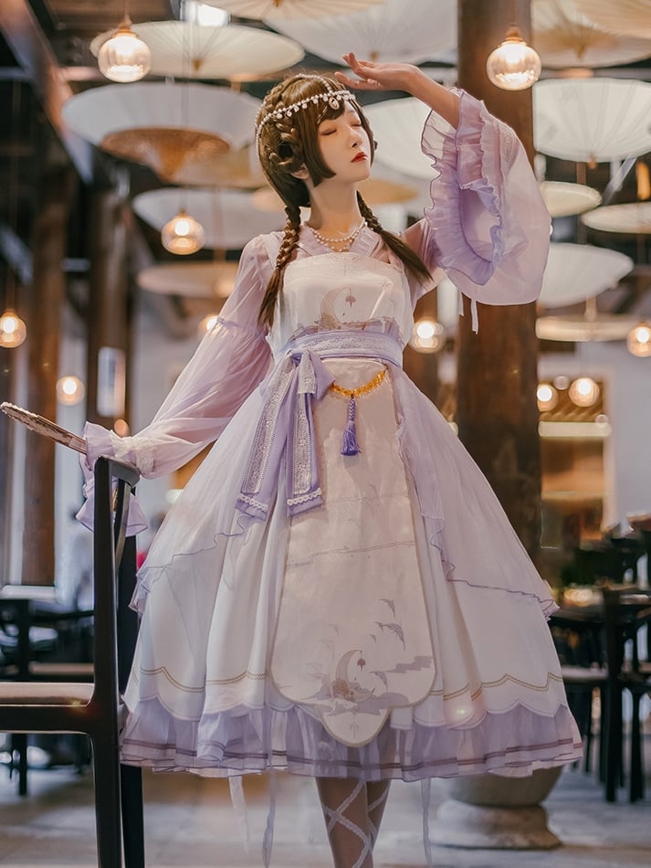 In Stock Night and Warbler Chinoiserie Style Han Lolita JSK+Long Flounce Bell Sleeves Blouse Set