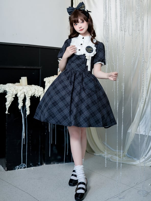 Black Plaid Pattern Dress Puff Sleeves One Piece