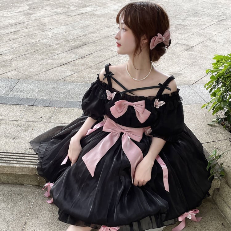 Bowknot Details Ruffle Off-the-shoulder Neckline Short Sleeves Lolita OP