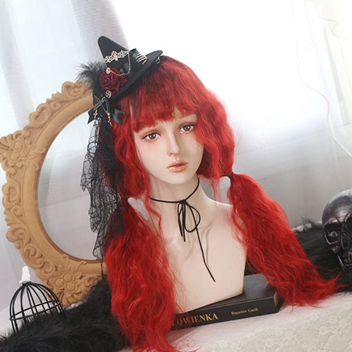 In Stock Long Wool Curly Black Red Ombre Wig