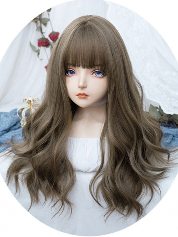 Brown Long Wavy Synthetic Wig with Full Bangs