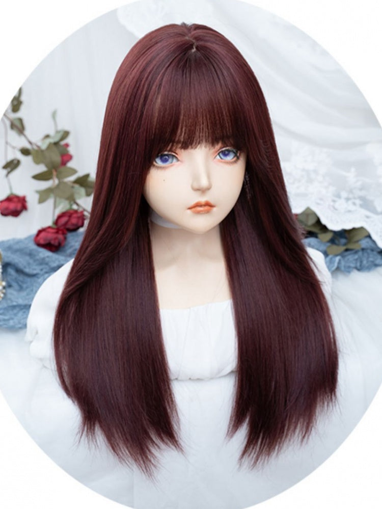 Dark Red Long Straight Synthetic Wig with Full Bangs