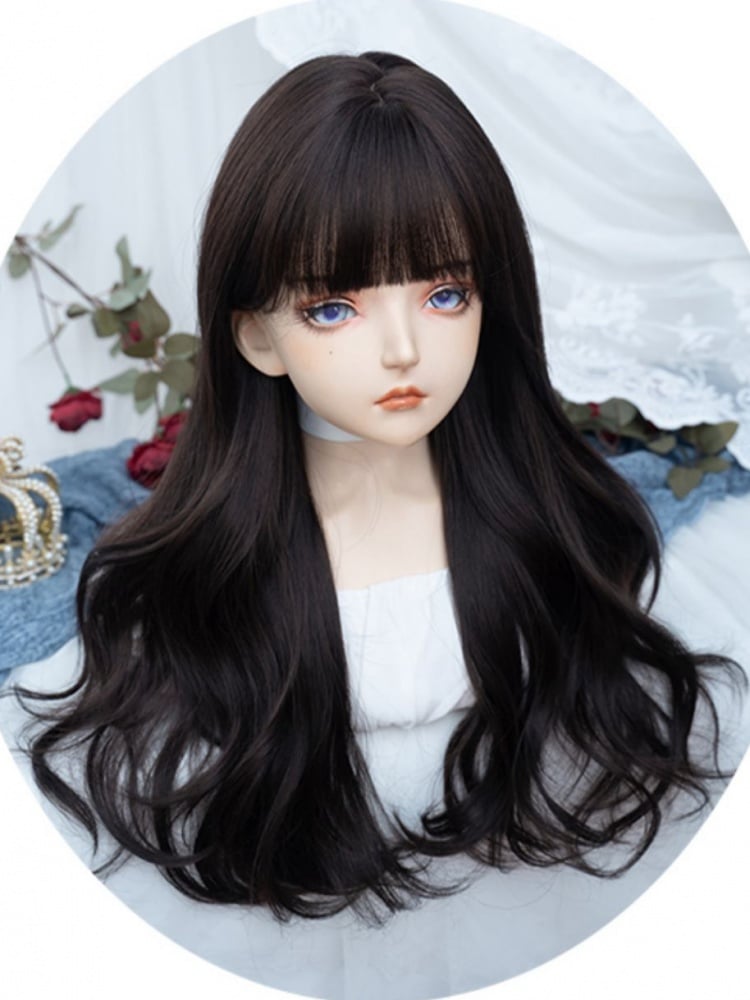 Black Tea Long Wavy Synthetic Wig with Full Bangs