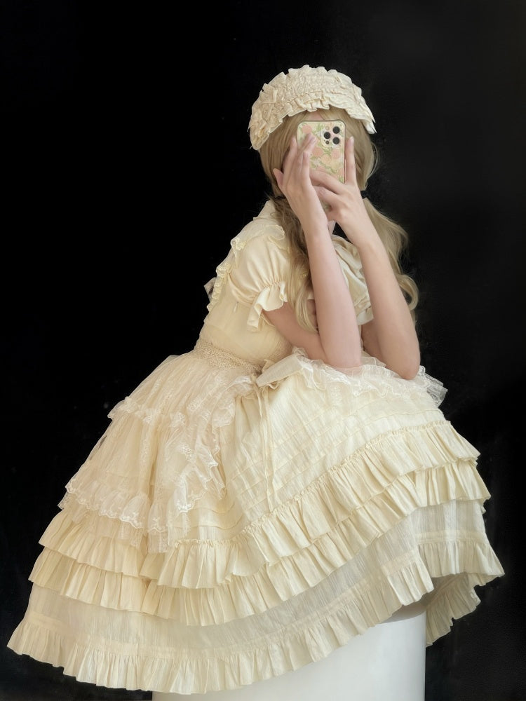 Girl Nelly Beige Tiered Ruffle Hem Round Neck High Waist Jumper Skirt