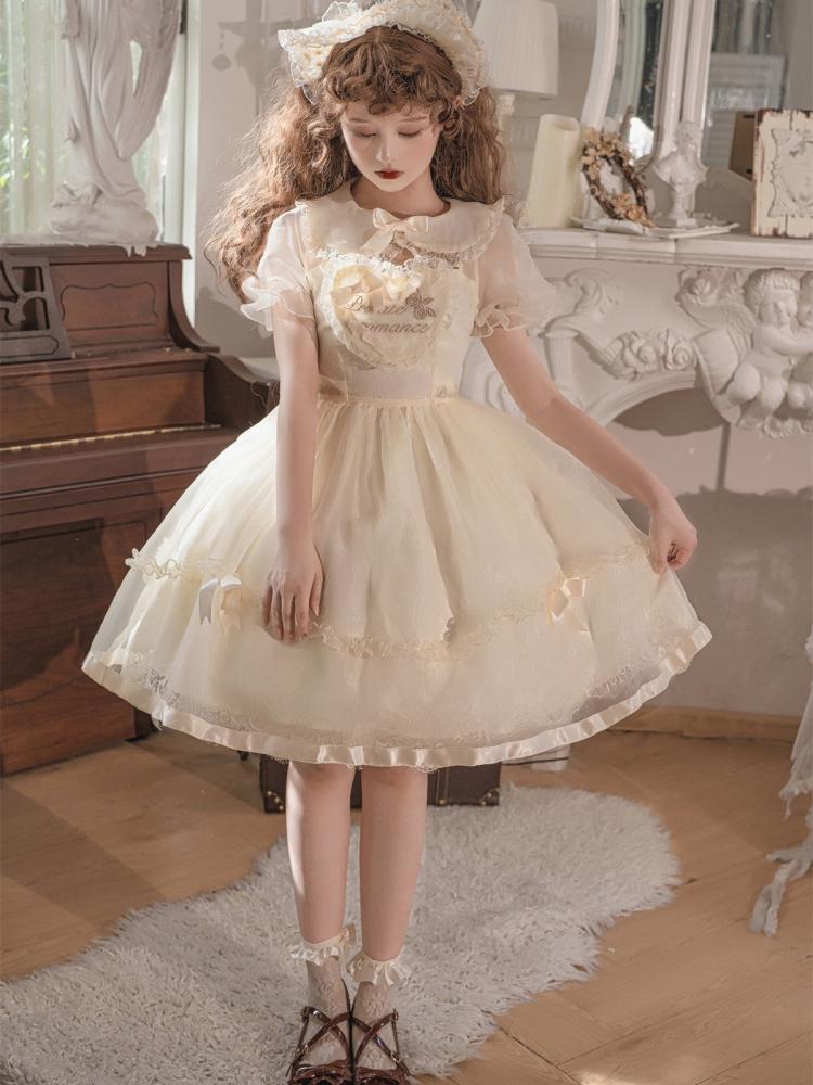 Warm Love Song Ruffle Trim Peter Pan Collar Semi-sheer Short Puff Sleeves Lolita OP