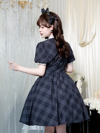 Black Plaid Pattern Dress Puff Sleeves One Piece