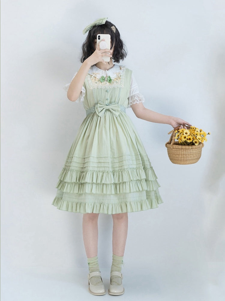 Girl Nelly Color Green Floral Embroidery Round Neck Jumper Skirt