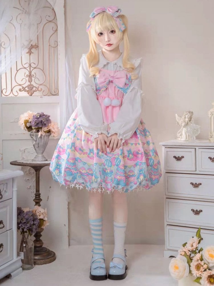 Bear and Dessert Print Stars Tassel Hem Bubble Skirt Lolita JSK