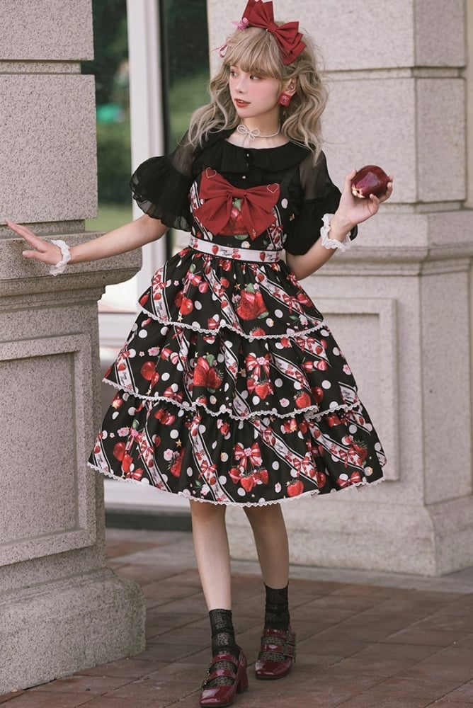 Cherry Berry Big Bow High Waist Jumper Skirt