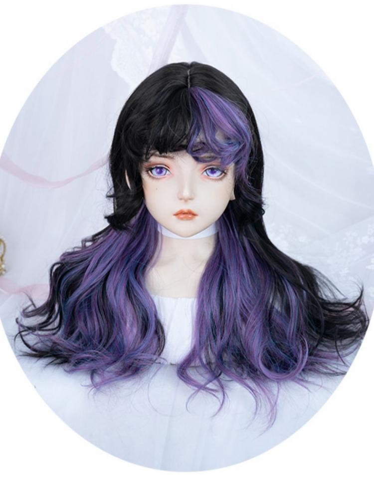 Black and Purple Highlight Hair Color Long Wavy Synthetic Wig