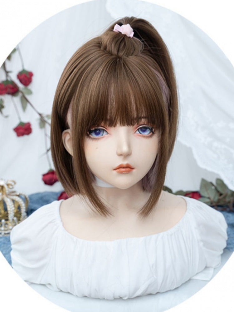 Brown and Pink Highlight Hair Color Bob Cut Straight Synthetic Wig