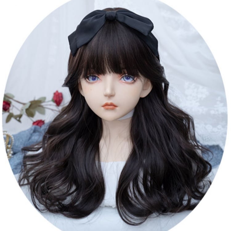 Black Tea Long Wavy Synthetic Wig with Full Bangs