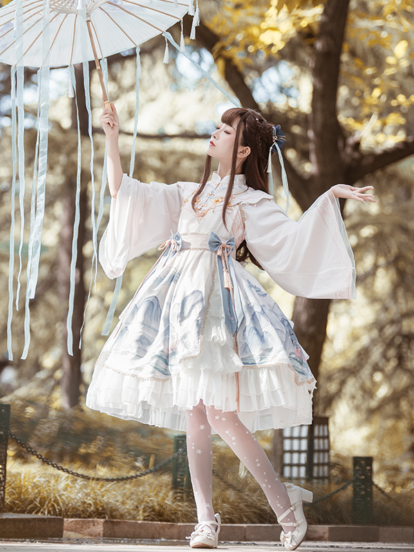 Chinoiserie Mountains-and-waters Painting Print Long Sleeves Lolita OP
