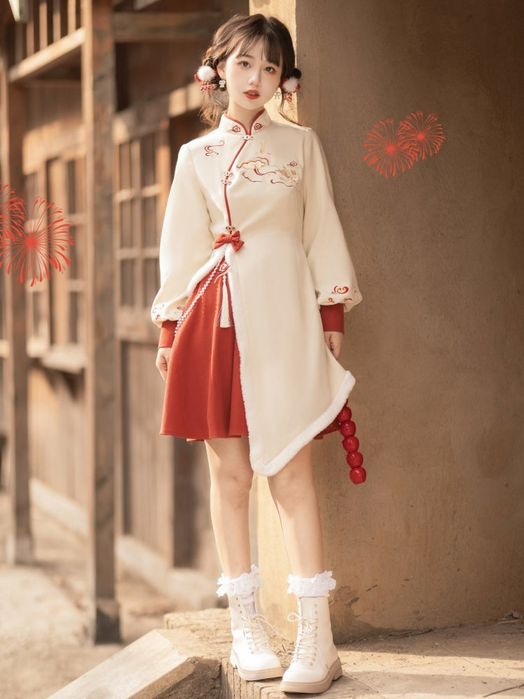 Auspicious Clouds Embroidey Plush Trim Hemline Qi Lolita Dress + Cape Set