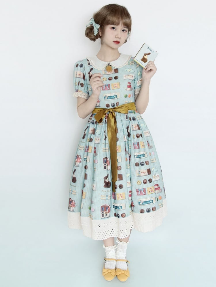 Bunny Chocolate Print Sweet One Piece Peter Pan Collar