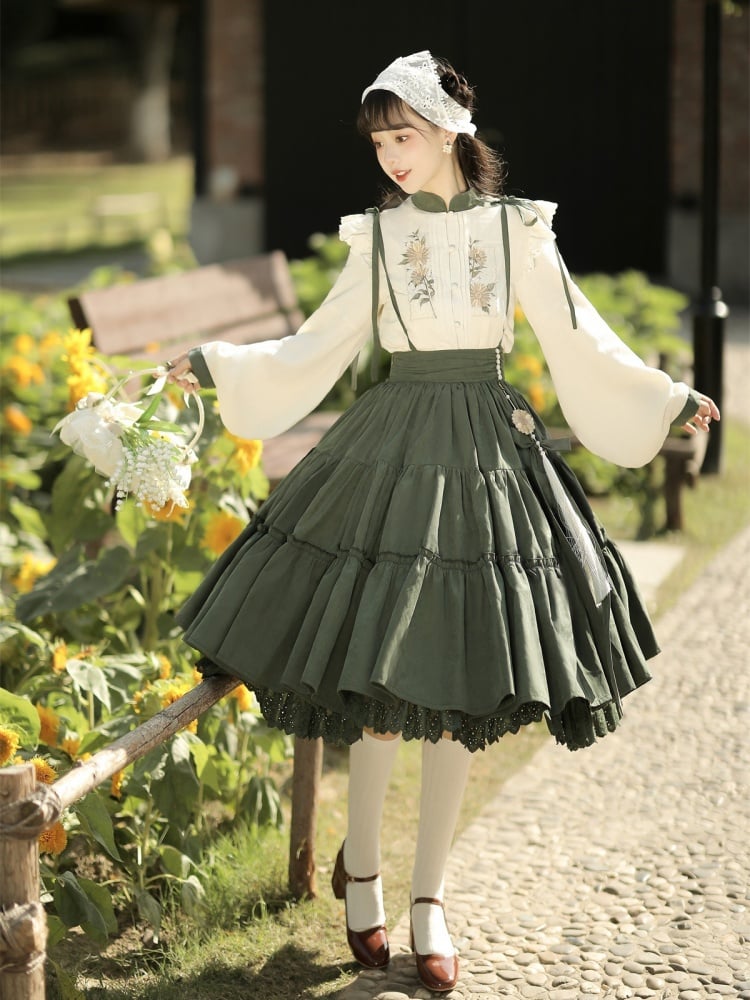 Beige Sunflowers Embroidery Blouse + Green Tiered Skirt with Sunflower Charm Set