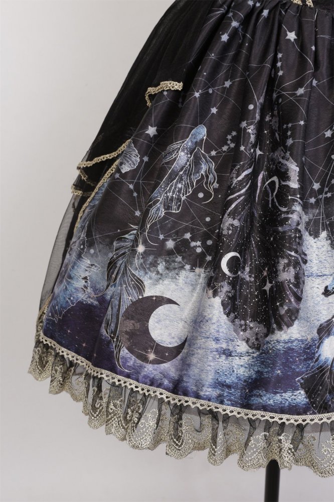 Stars and Moon Print Jumper Skirt Ruffle Trim Bead Details